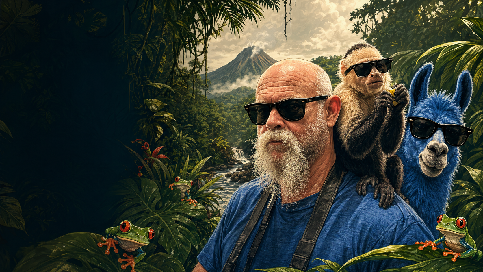 Caricature of the Retired Menace with a monkey and blue llama in a Costa Rican jungle